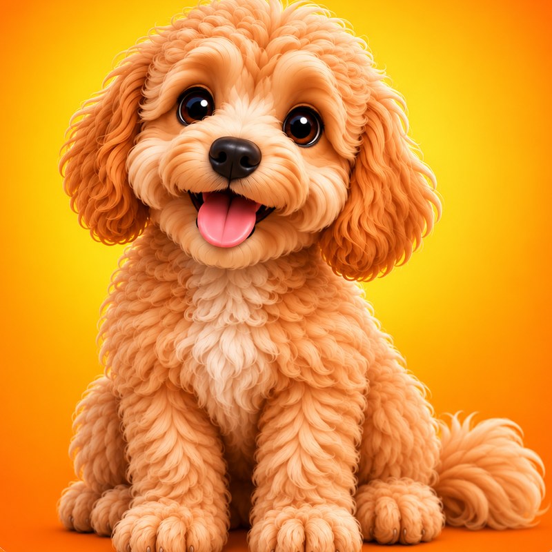Elkie, a fluffy apricot cavoodle puppy, smiling on an orange background