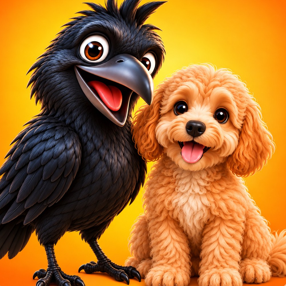 Fred the black crow and Elkie the apricot cavoodle side by side on an orange background, both grinning