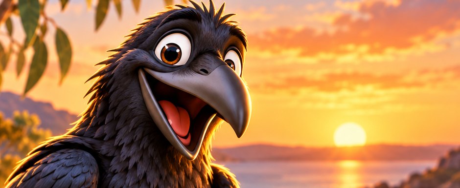Fred the black crow grinning beside gum leaves at a coastal sunset