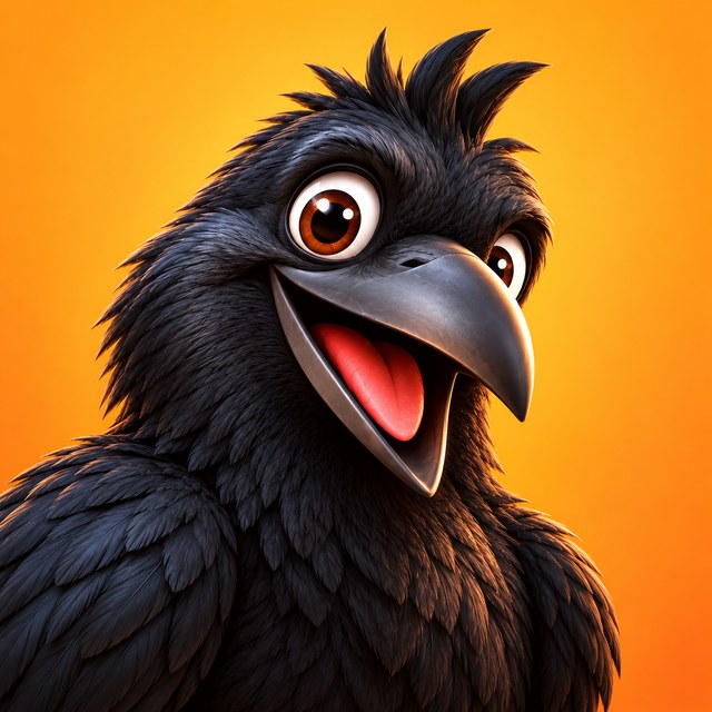 Fred, a cheeky black crow with a big grin, on an orange background