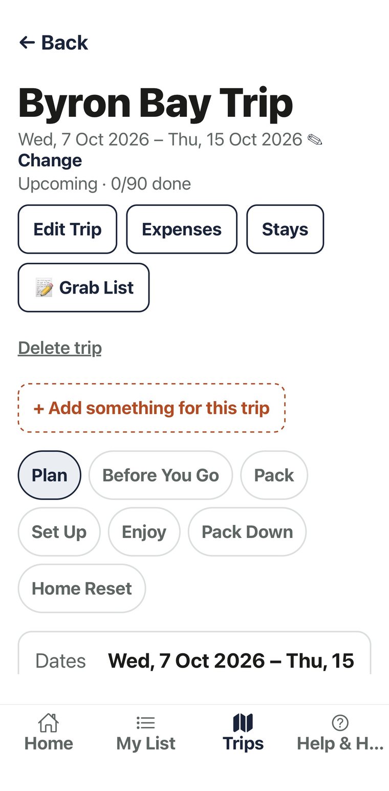 Fred’s List trip screen for Byron Bay Trip, 7 to 15 October, with Edit Trip, Expenses, Stays and Grab List buttons, Add something for this trip, and the stages Plan, Before You Go, Pack, Set Up, Enjoy, Pack Down and Home Reset